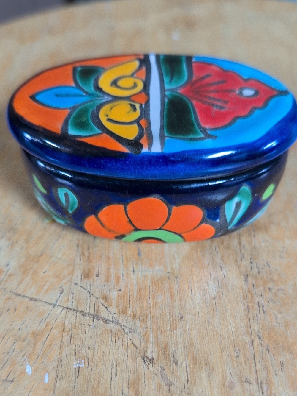 Hand-Painted Floral Ceramic Trinket Box in Blue and Orange